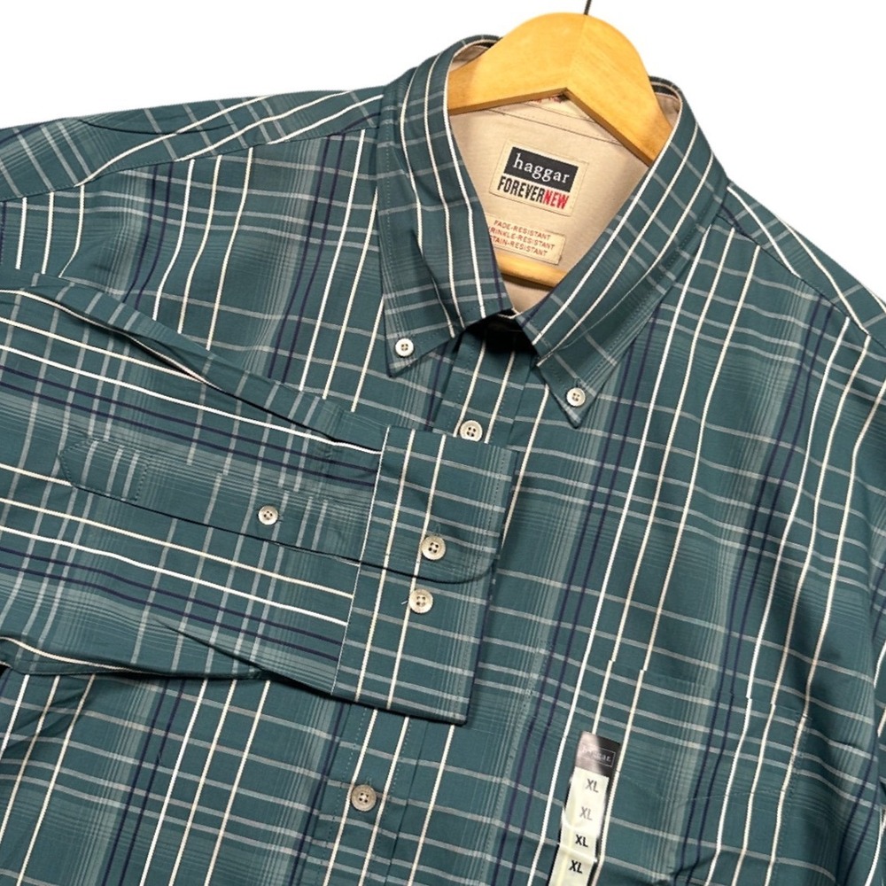 Haggar Shirt Mens XL Teal Green Plaid Long Sleeve NWT Cotton Button Up